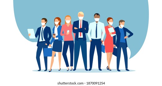 Vector of business people wearing face masks standing together as a team