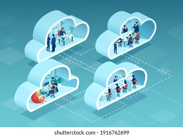 Vector Of Business People Working In Offices Using Cloud Data Storage Service 