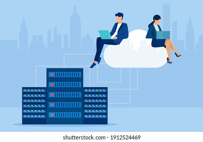 Vector of business people working on laptops using cloud storage service 