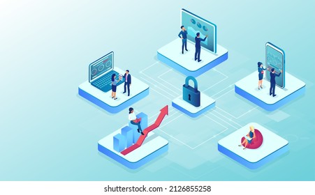 Vector of a business people working on computers online securely interconnected 