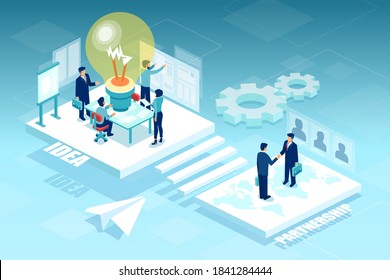 Vector of business people working in open space office brainstorming new ideas creating partnerships around the world 