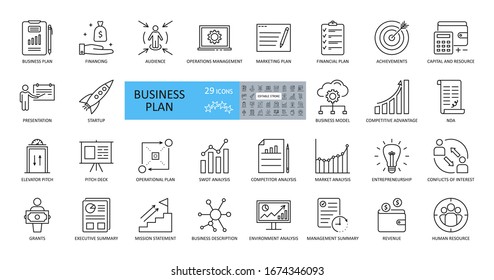 Vector business plan icons. Set of 29 images with editable stroke. Includes planning, financing, grant, audience, presentation, marketing, SWOT analysis, startup, conflict of interest, elevator pitch