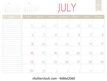 Vector business planning calendar of July 2017 with a place for notes. Weeks start on Sunday