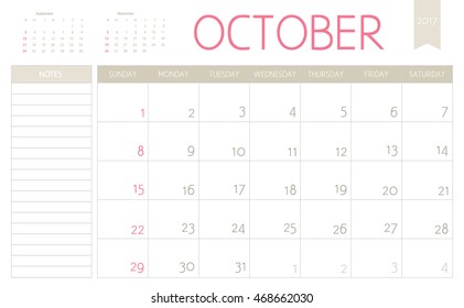 Vector business planning calendar of October 2017 with a place for notes. Weeks start on Sunday