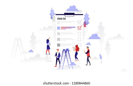 Vector business planning and time management concept with office people, male and female managers making design of work day using digital application screen with tasks, ladders and notebooks.