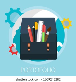 Vector business portfolio illustration, business briefcase and document report with "portfolio" job and work concept.