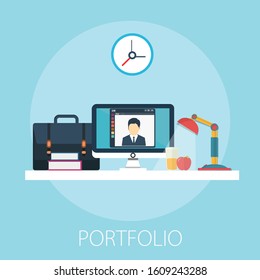 Vector Business Portfolio Illustration, Business Briefcase And Document Report With 