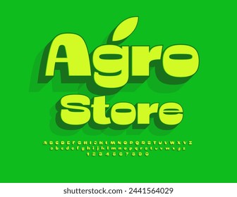 Afiche de negocios vectoriales Agro Store. Conjunto de letras y números del alfabeto 3D verde. Fuente brillante creativa.