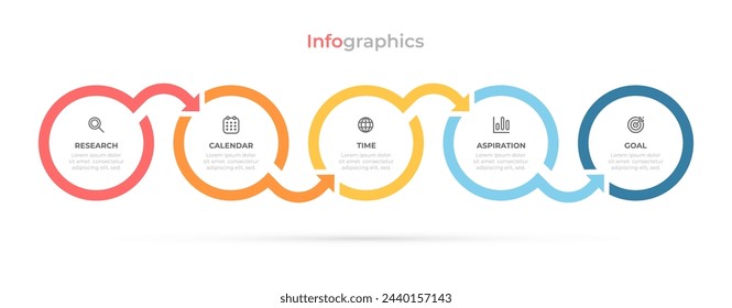 Vector business processes for infographics: Timeline circles elements with 5 steps and options.