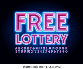 Vector business promo Free Lottery. Neon electric Font. Bright Illuminated Alphabet Letters and Numbers