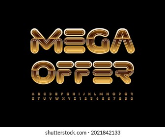 Mega oferta de promoción de negocios de vectores. Fuente de oro creativa. Juego de letras y números decorativos de alfabeto