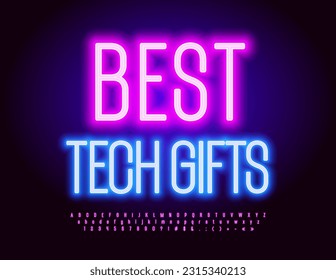 Vector business promotion Best Tech Gifts. Neon set of Alphabet Letters, Numbers and Symbols. Purple glowing Font