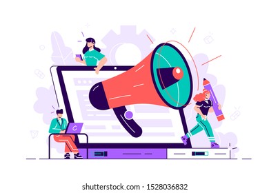 Vector. Business promotion on the Internet for a web page, advertising, calling through a shout, online alerting. Flat style vector illustration for web page, social media, documents, cards, posters.