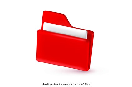 Vector business realistic illustration of office red color paper document folder icon. 3d cartoon style concept design of computer file folder archive. Business digital portfolio symbol for banner