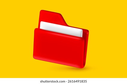 Vector business realistic illustration of office red paper document folder icon on yellow background. Business digital portfolio symbol. 3d cartoon style concept design of computer file folder archive