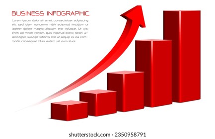 Vector of business red 3d infographic bar chart with arrow curve direction data report presentation on white background illustration.