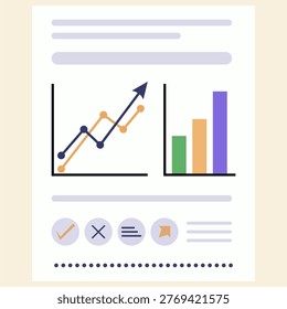 vector of a business report document. The design features an upward-trending line graph, a multi-colored bar chart, and administrative interface icons such as checkmarks, crosses, and menu elements