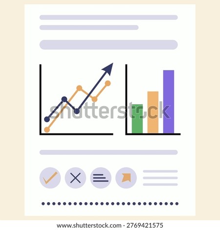 vector of a business report document. The design features an upward-trending line graph, a multi-colored bar chart, and administrative interface icons such as checkmarks, crosses, and menu elements