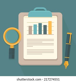 Vector business report in flat style - paper document and magnifier