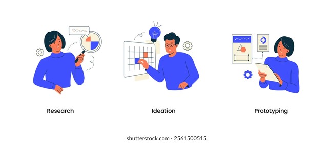 Vector of business research, ideation, prototyping. Illustrations for websites, landing pages, mobile apps, posters and banners. Trendy flat vector illustrations