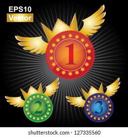 Vector ; Business Satisfaction Concept Present By Colorful First, Second and Third Places Icon With Golden Wings and Crown in Black Shiny Background