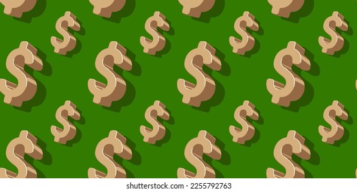 Vector business seamless pattern of golden sign of dollar on green color background. Flat style design of sign of dollar for web, banner, print, textile