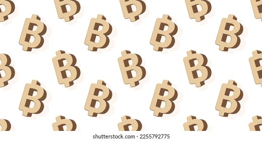 Vector business seamless pattern of golden sign of bitcoin on white color background. Flat style design of sign of bitcoin for web, banner, print, textile