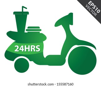 Vector : Business and Service Concept Present By Green Glossy Style 24HRS Food Delivery Sign Isolated on White Background
