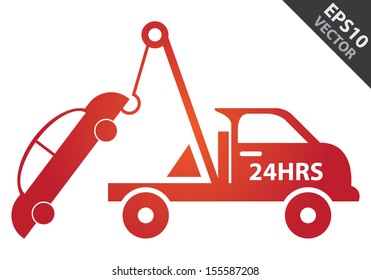 Vector : Business and Service Concept Present By Red Glossy Style 24HRS Tow Car Sign Isolated on White Background