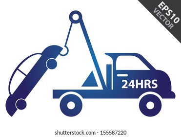 Vector : Business and Service Concept Present By Blue Glossy Style 24HRS Tow Car Sign Isolated on White Background