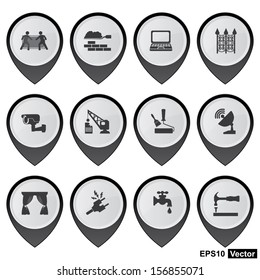 Vector : Business and Service Concept Present By Set Of Black Glossy Style Map Pointer With Home Service Sign Isolated on White Background 