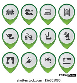 Vector : Business and Service Concept Present By Set Of Green Glossy Style Map Pointer With Home Service Sign Isolated on White Background 