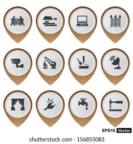 Vector : Business and Service Concept Present By Set Of Brown Glossy Style Map Pointer With Home Service Sign Isolated on White Background 