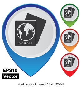 Vector : Business and Service Concept Present By Colorful Glossy Style Map Pointer With Passport, Immigration Bureau, Embassy or Consulate Sign Isolated on White Background