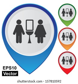 Vector : Business and Service Concept Present By Colorful Glossy Style Map Pointer With Toilet,  Washroom, Restroom, Lavatory or WC Sign Isolated on White Background 