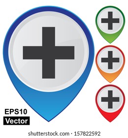 Vector : Business and Service Concept Present By Colorful Glossy Style Map Pointer With Cross Sign, Clinic or Hospital Sign Isolated on White Background