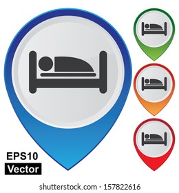 Vector : Business and Service Concept Present By Colorful Glossy Style Map Pointer With Hotel, Hostel, Motel, Service Apartment, Resort or Bedroom Sign Isolated on White Background