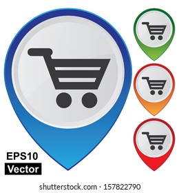 Vector : Business and Service Concept Present By Colorful Glossy Style Map Pointer With Shopping Cart, Shopping Trolley, E-Commerce, Shopping Plaza or Shopping Mall Sign Isolated on White Background