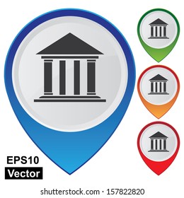 Vector : Business and Service Concept Present By Colorful Glossy Style Map Pointer With Official Place, Church, Bank, Institute, Library, Opera House or Theater Sign Isolated on White Background