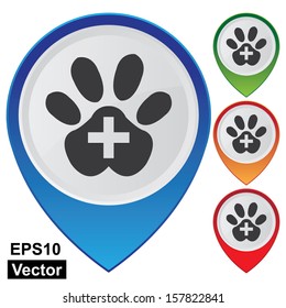 Vector : Business and Service Concept Present By Colorful Glossy Style Map Pointer With Veterinary Care or Veterinary Clinic Sign Isolated on White Background