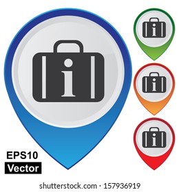 Vector : Business and Service Concept Present By Colorful Glossy Style Map Pointer With  Luggage, Suitcase, Traveling Bag or Travel Information Center Sign Isolated on White Background