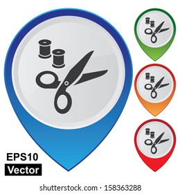 Vector : Business and Service Concept Present By Colorful Glossy Style Map Pointer With Tailor's Shop, Dressmaking's Shop or Clothing Repair and Alterations Service Sign Isolated on White Background 