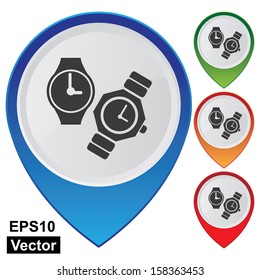 Vector : Business and Service Concept Present By Colorful Glossy Style Map Pointer With Hand Watch, Wristwatch, Fashion or Accessory Shop Sign Isolated on White Background 