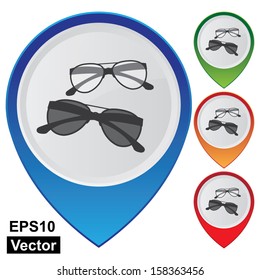 Vector : Business and Service Concept Present By Colorful Glossy Style Map Pointer With Glasses, Sunglasses , Fashion or Accessory Shop Sign Isolated on White Background 