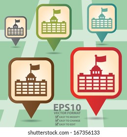 Vector : Business and Service Concept Present By Colorful Vintage Style Map Pointer Icon With Official Place, Immigration Bureau, Embassy, Consulate, School or University Sign in POI Map Background