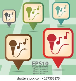 Vector : Business and Service Concept Present By Colorful Vintage Style Map Pointer Icon With Karaoke Service, Pub, Bar, Singing or Concert Stadium Sign in POI Map Background