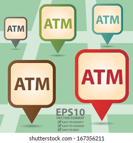 Vector : Business and Service Concept Present By Colorful Vintage Style Map Pointer Icon With ATM or Automated Teller Machine Sign in POI Map Background