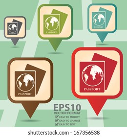 Vector : Business and Service Concept Present By Colorful Vintage Style Map Pointer Icon With Passport, Immigration Bureau, Embassy or Consulate Sign in POI Map Background