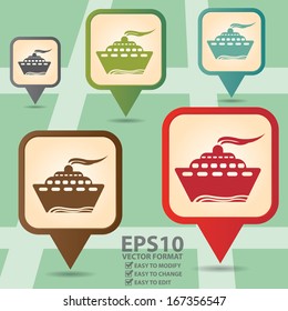 Vector : Business and Service Concept Present By Colorful Vintage Style Map Pointer Icon With Harbor, Sea Port, Wharf, Vessel, Boat, Logistic or Shipping Sign in POI Map Background