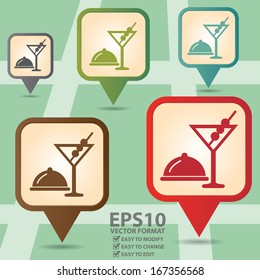 Vector : Business and Service Concept Present By Colorful Vintage Style Map Pointer Icon With Pub, Bar, Restaurant or Nightlife Sign in POI Map Background